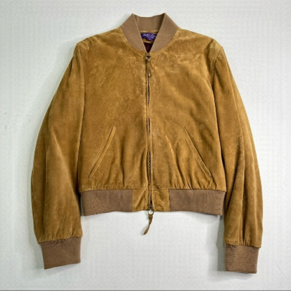 RALPH LAUREN Purple Label Wescott 100% Lamb Suede Camel Brown Bomber Soft Jacket